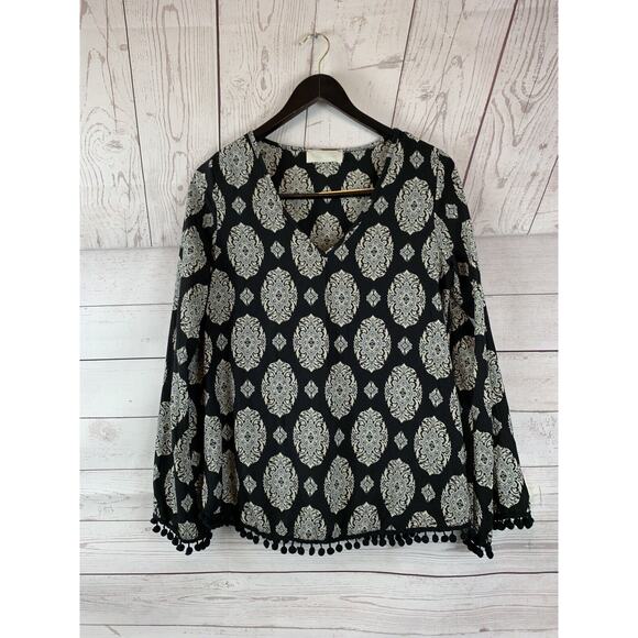 TALLY ANNE Blouse Womens small black print pom pom trim v-neck polyester top - Picture 1 of 5